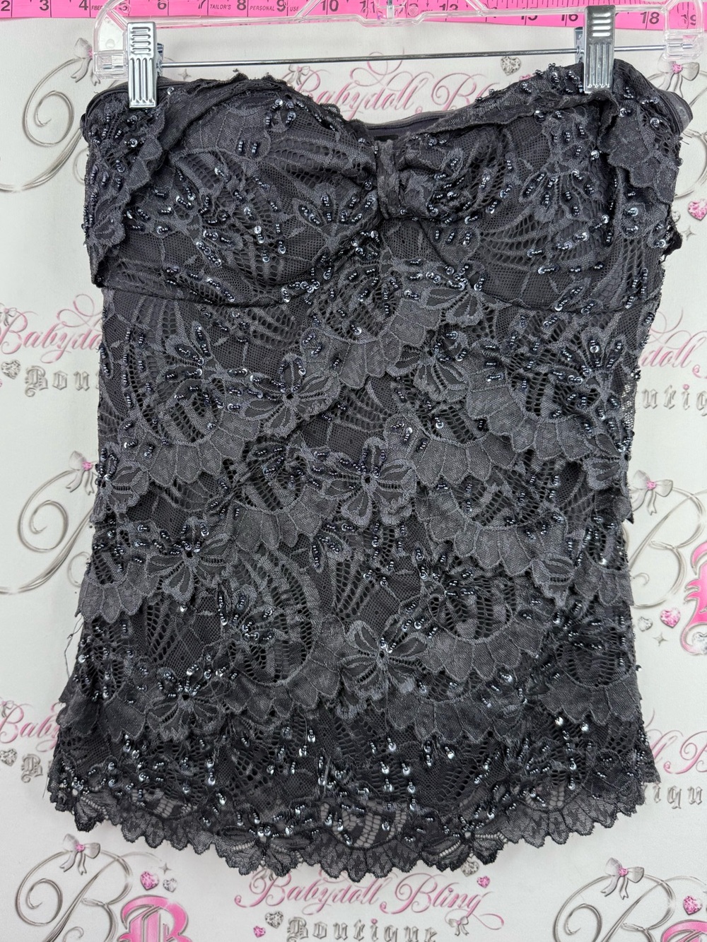 le chateau strapless beaded sequin top Black grey Lace Strapless Beaded Camisole